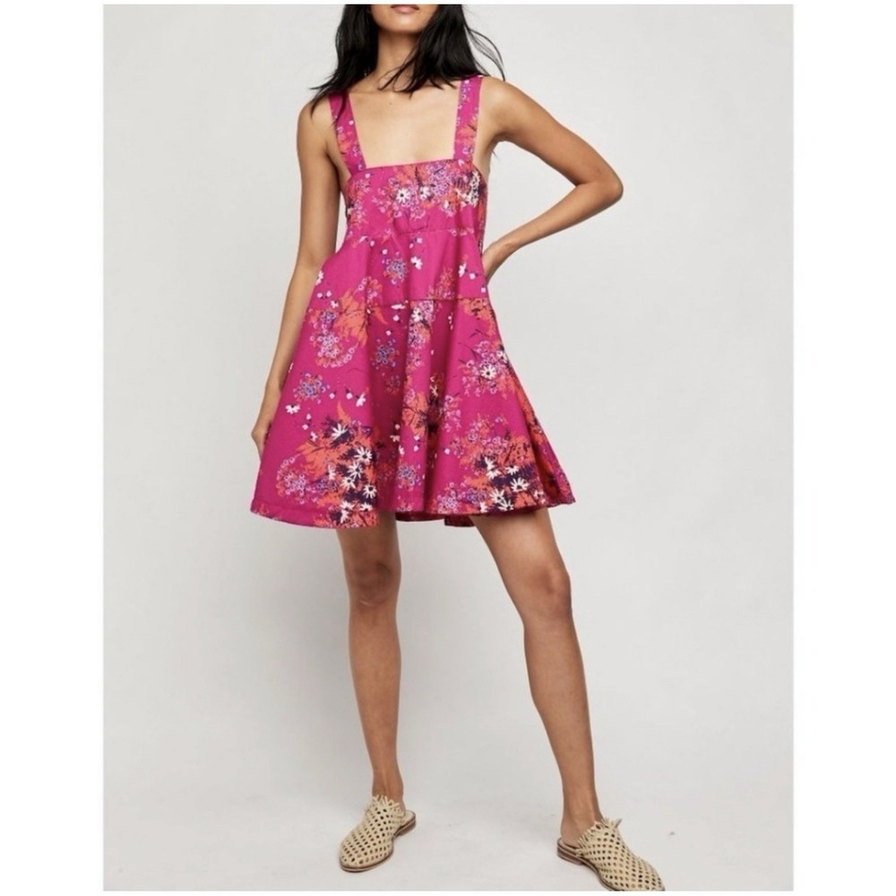Free People Let The Sunshine In Floral Mini Dress XS Pink Tie Back Flare Cottage